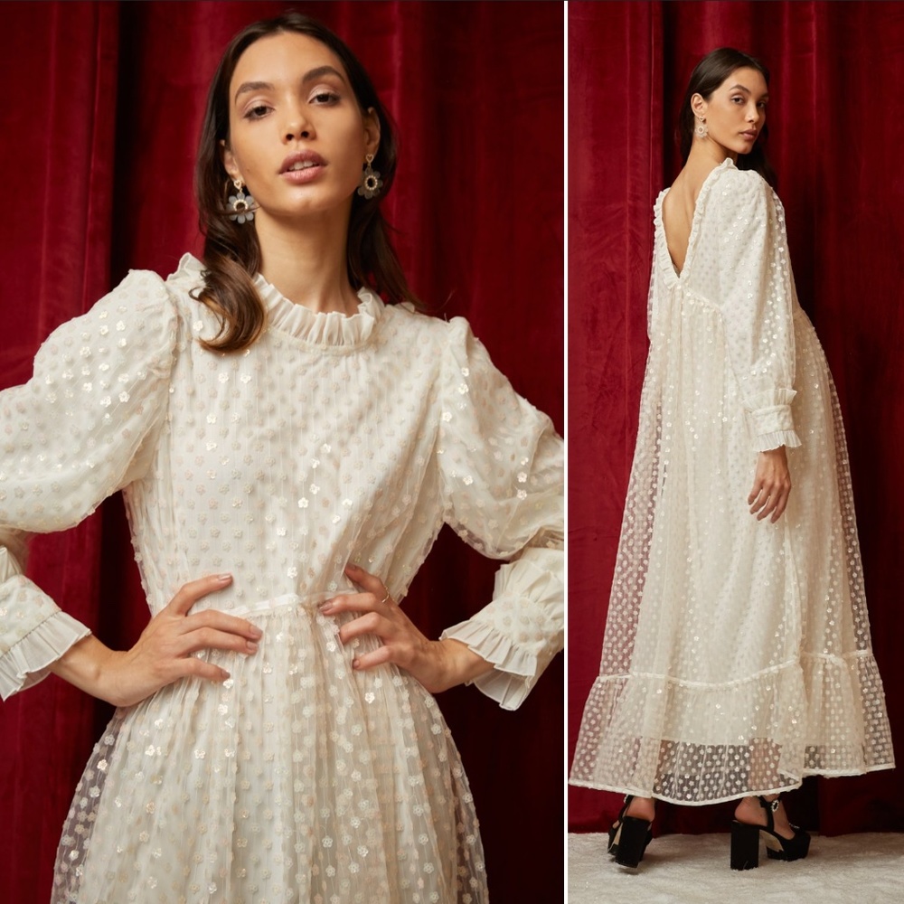 NEW DREAM Sister Jane Embellished Maxi Dress Long Sleeve Sequin Organza Ivory XL